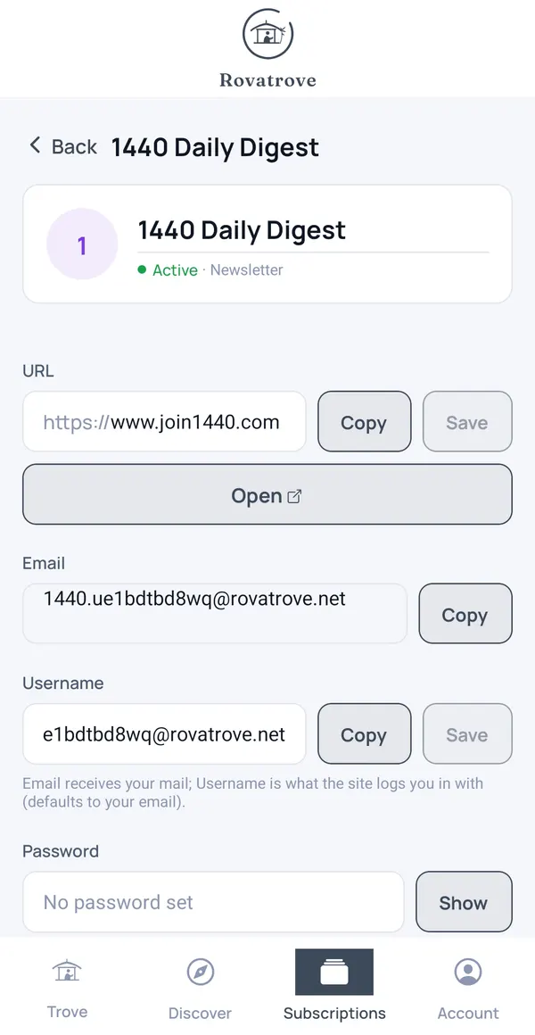 A subscription in Rovatrove showing its own private email address