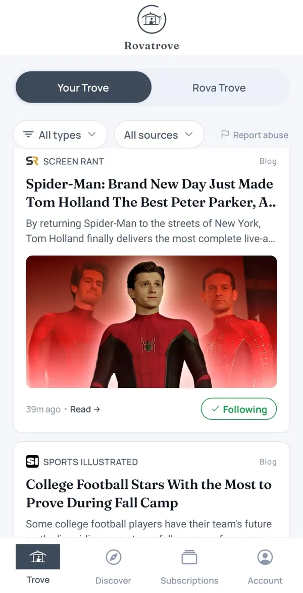 The Rovatrove feed, showing followed sources newest first